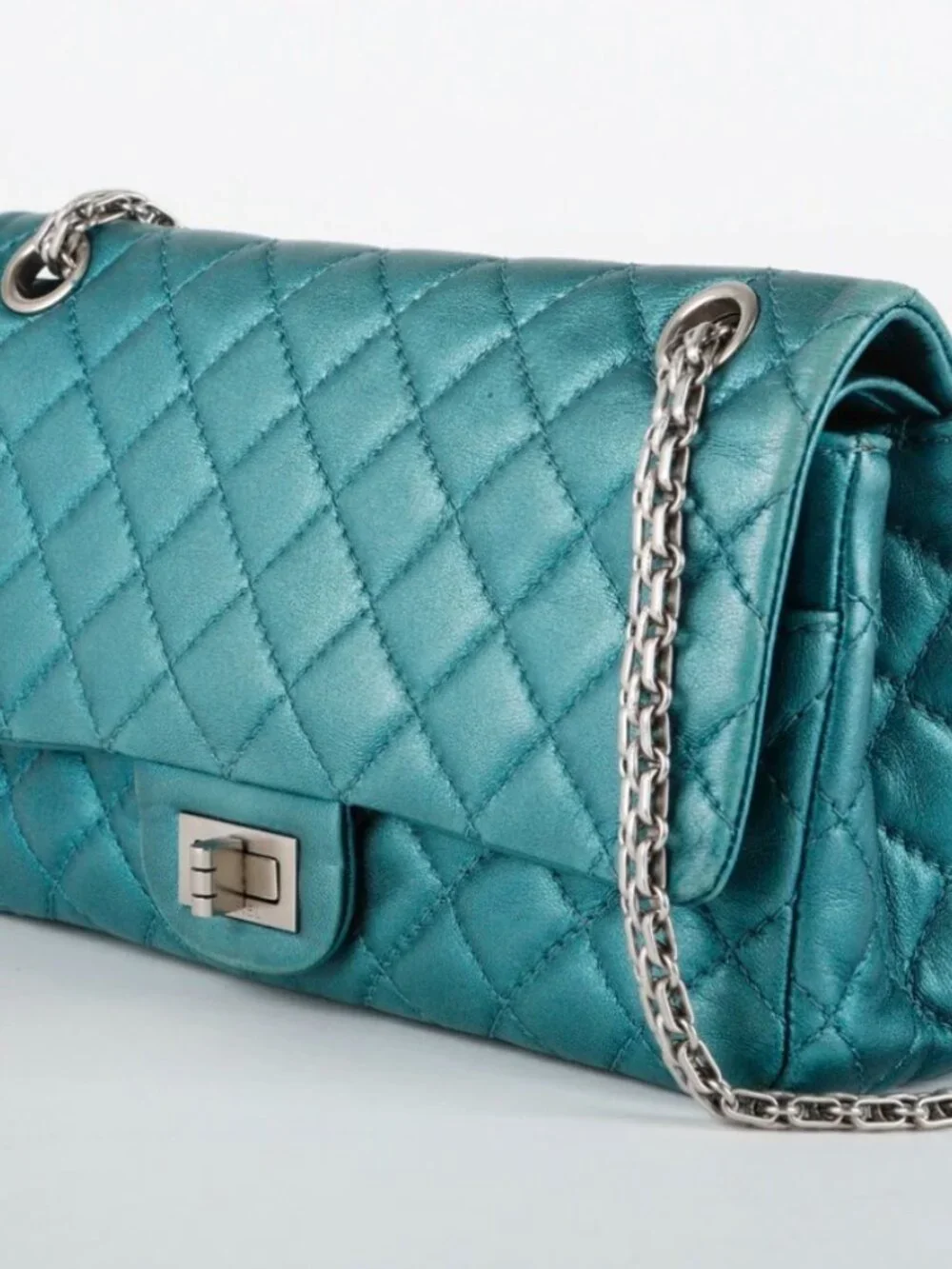 CHANEL MEDIUM REISSUE 2.55 DOUBLE FLAP, METALLIC TURQUOISE AGED CALFSKIN